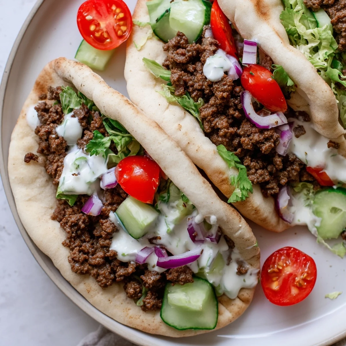 Mediterranean ground beef pita pockets stuffed with seasoned meat, crisp veggies, and tangy yogurt sauce.