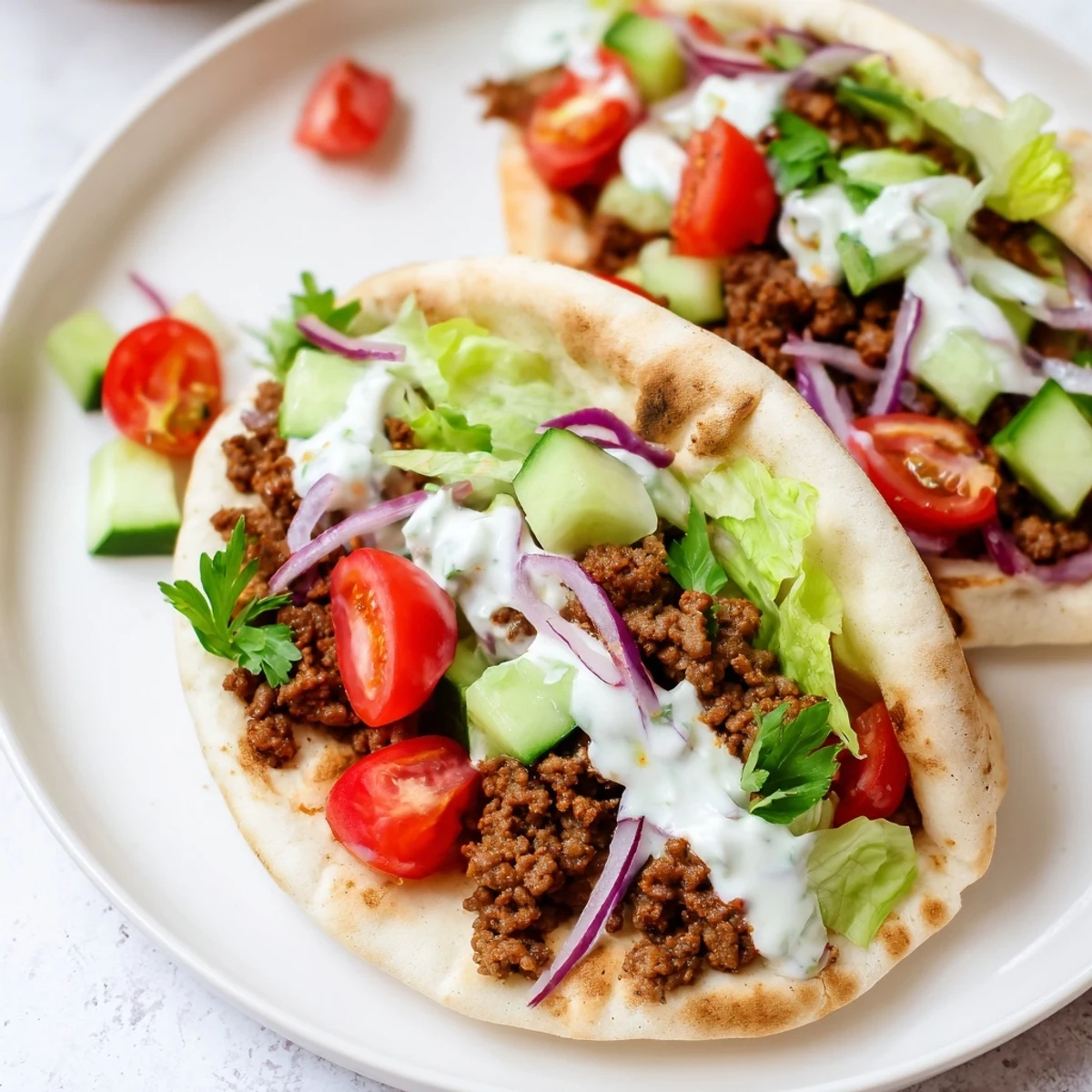 Golden spiced beef tucked into Mediterranean ground beef pita pockets topped with creamy yogurt dressing.