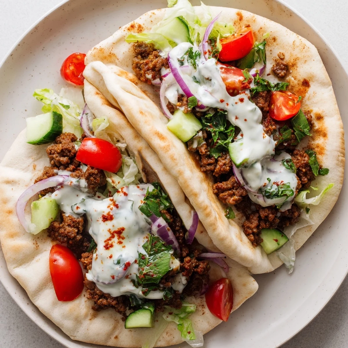 Warm pita bread filled with spiced Mediterranean ground beef pita pockets and fresh vegetable salad.