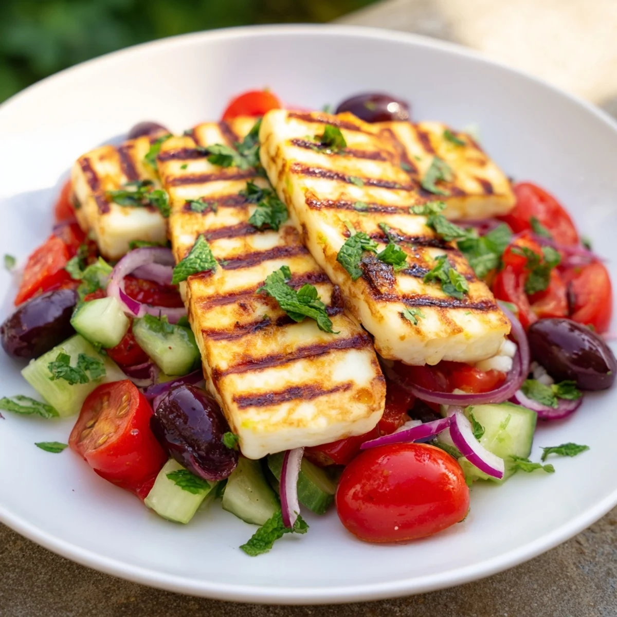 Golden grilled halloumi slices atop a fresh Mediterranean salad with colorful vegetables.