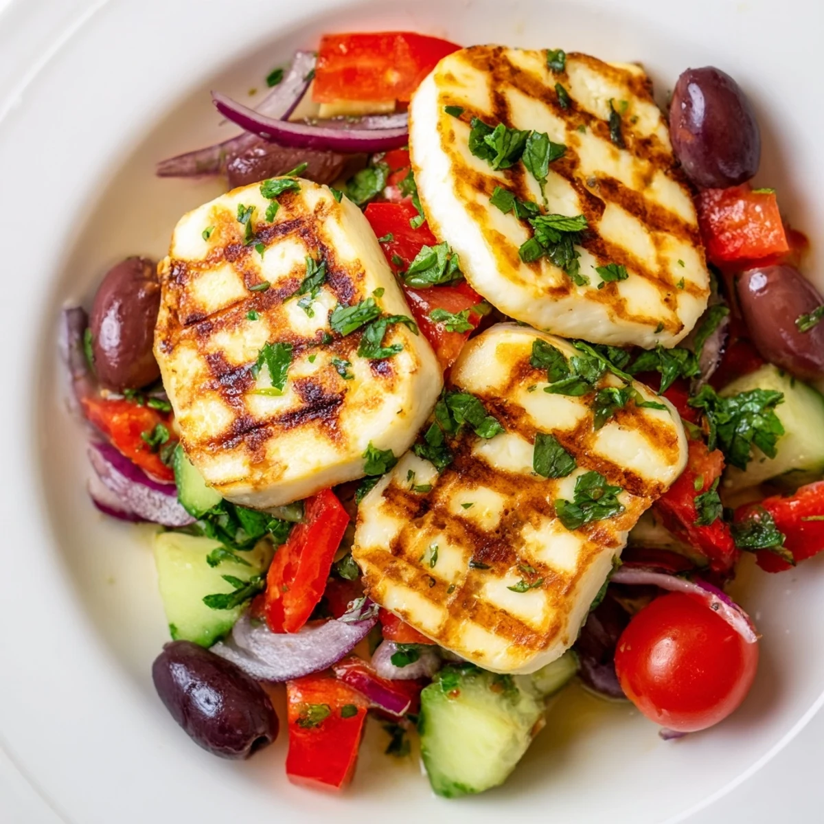 Warm grilled halloumi served over a crisp Mediterranean salad with herbs and olives.