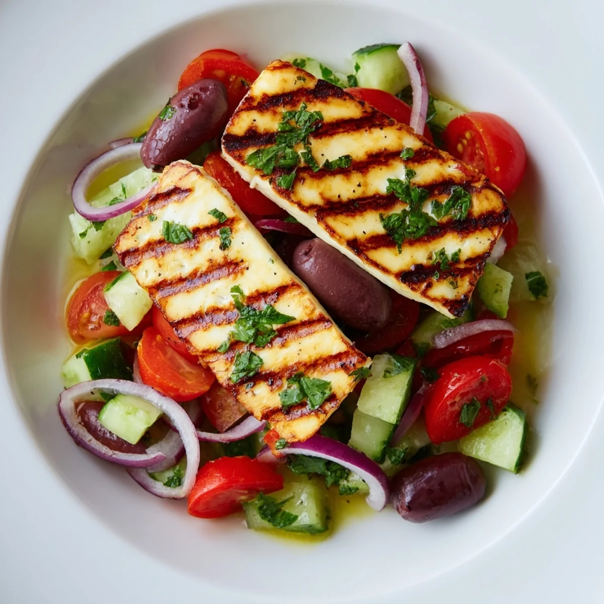 Delicious grilled halloumi paired with a vibrant Mediterranean salad bursting with summer flavors.