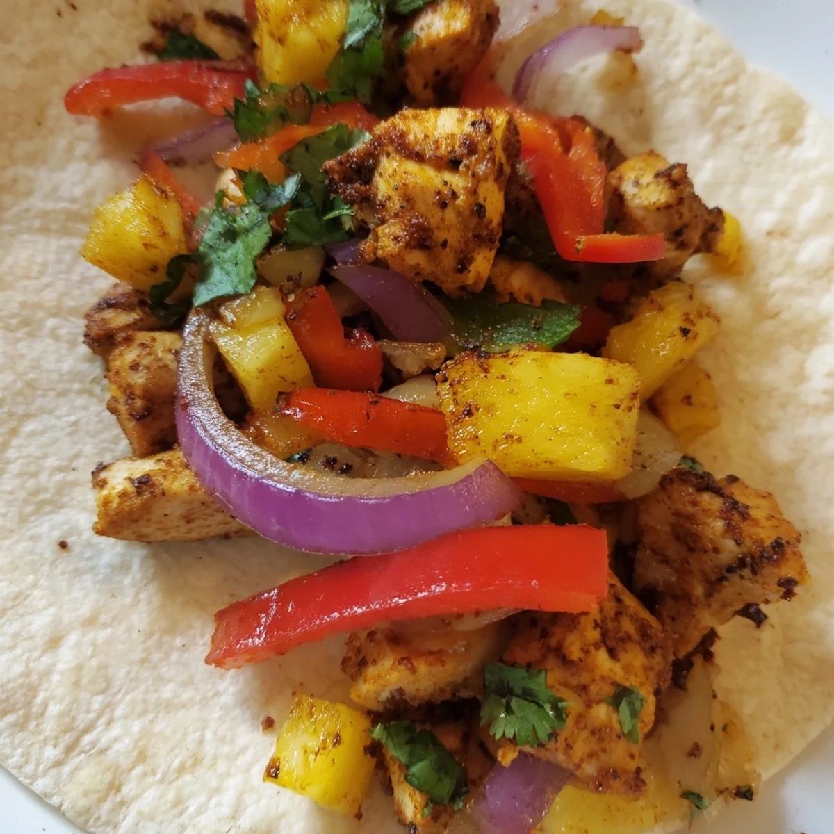 Golden one pan chicken and pineapple tacos filled with juicy spiced meat and caramelized fruit pieces.