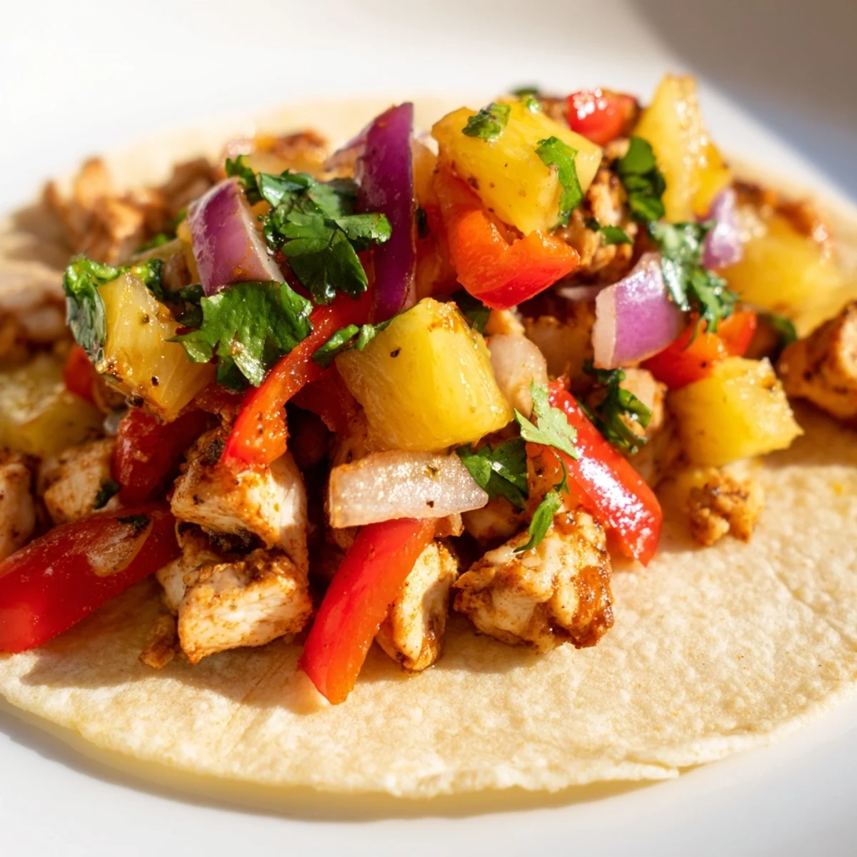 Vibrant chicken and pineapple tacos served in warm tortillas with fresh cilantro and lime wedges.