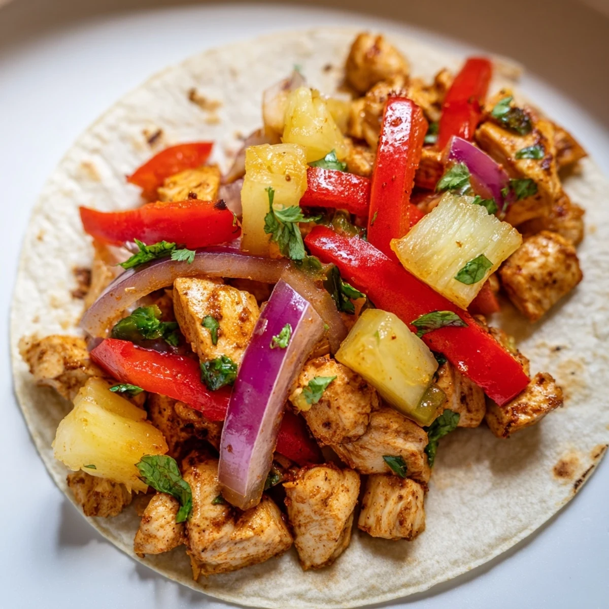 Savory one pan chicken and pineapple tacos featuring tender bites, peppers, and zesty toppings.
