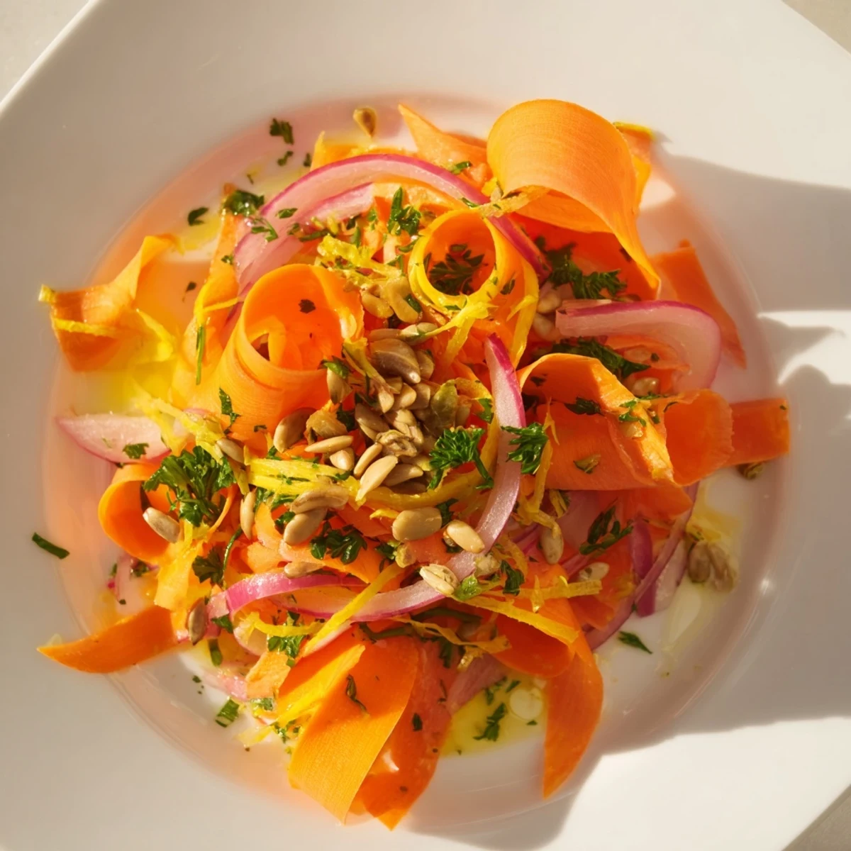 Fresh carrot ribbon salad with zesty citrus dressing on a white plate