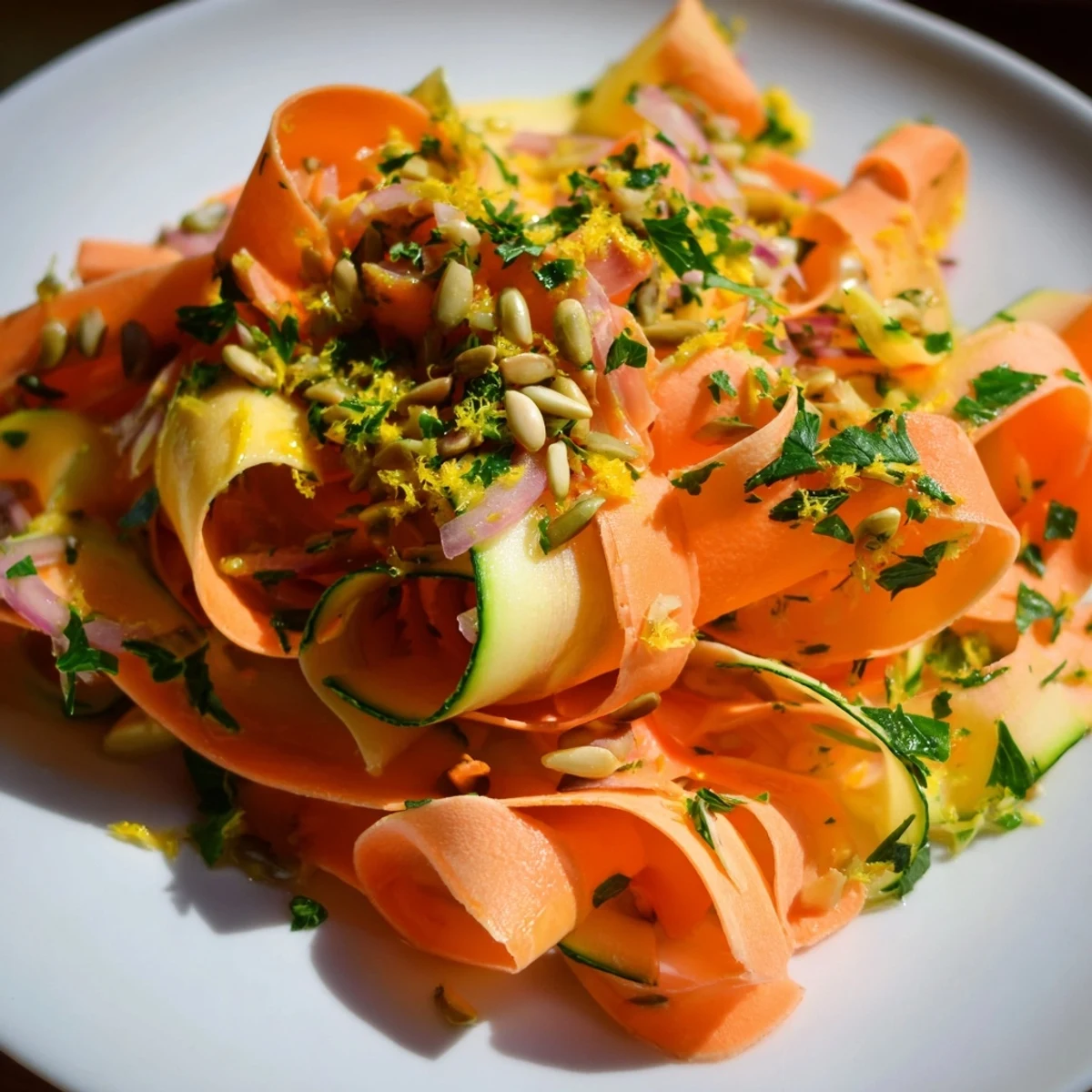 Colorful carrot ribbon salad topped with sunflower seeds and lemon zest