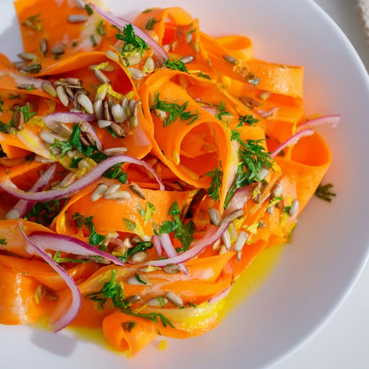 Delicate carrot ribbons tossed in tangy citrus dressing served in a bowl