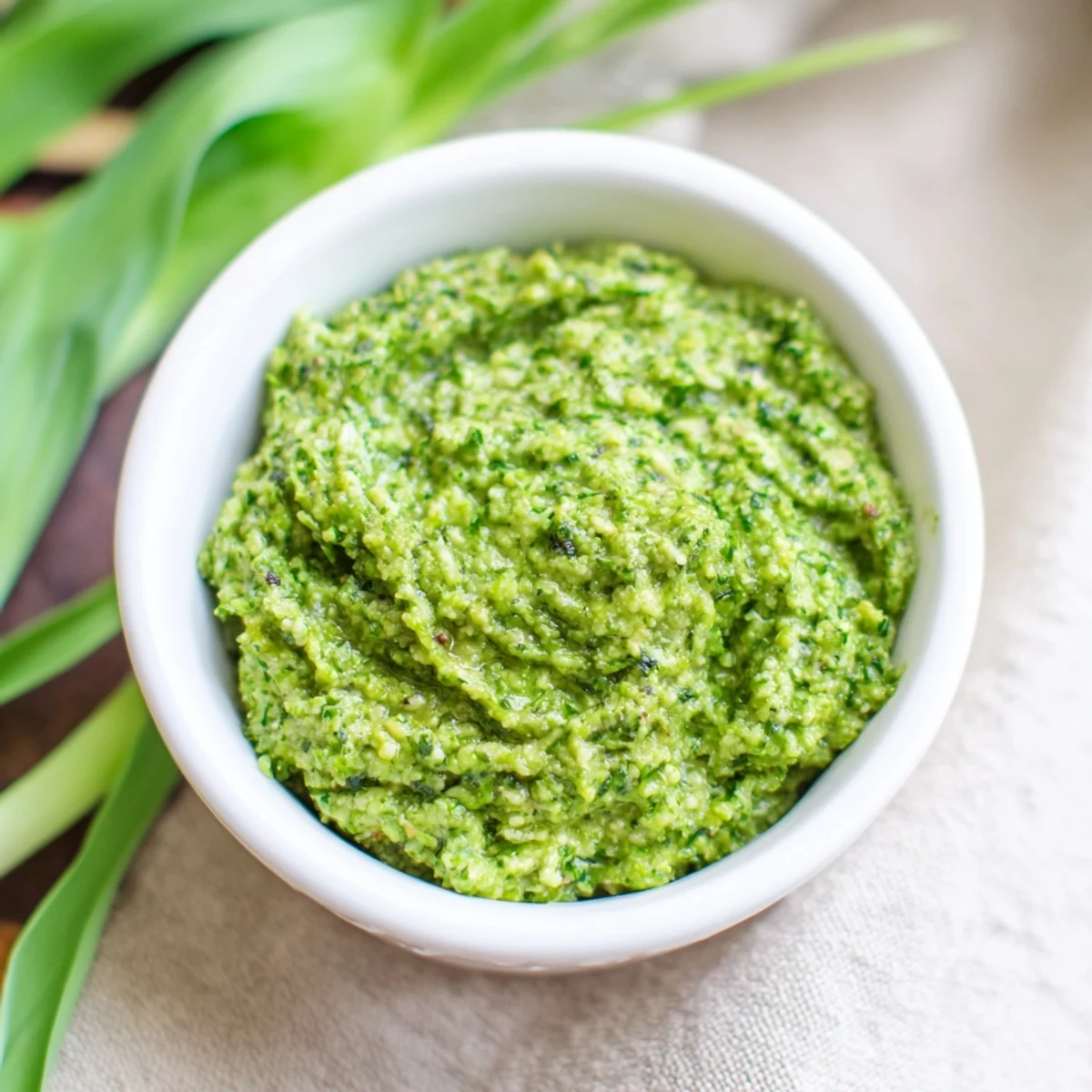 Vibrant garlic scape pesto in a bowl ready for tossing with pasta.  