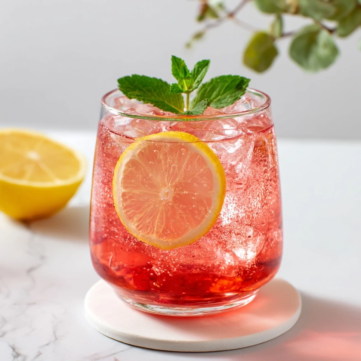 Vibrant honey lemon pink soda poured over ice with fresh lemon wedge.  