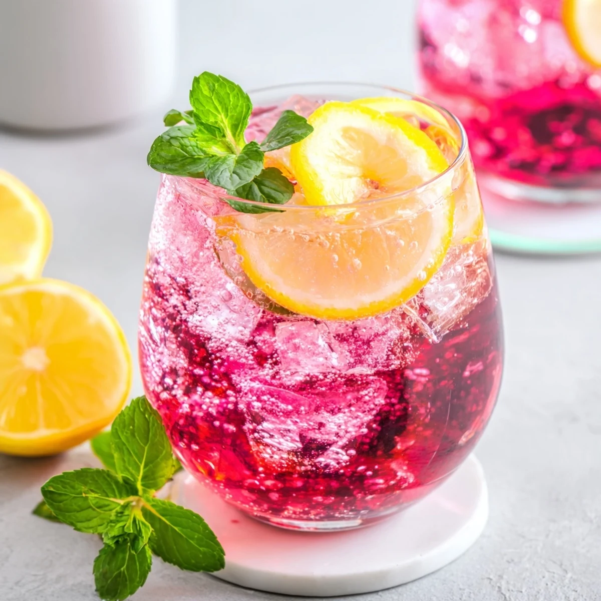 Garnished glass of refreshing honey lemon pink soda with ice and mint slices.  