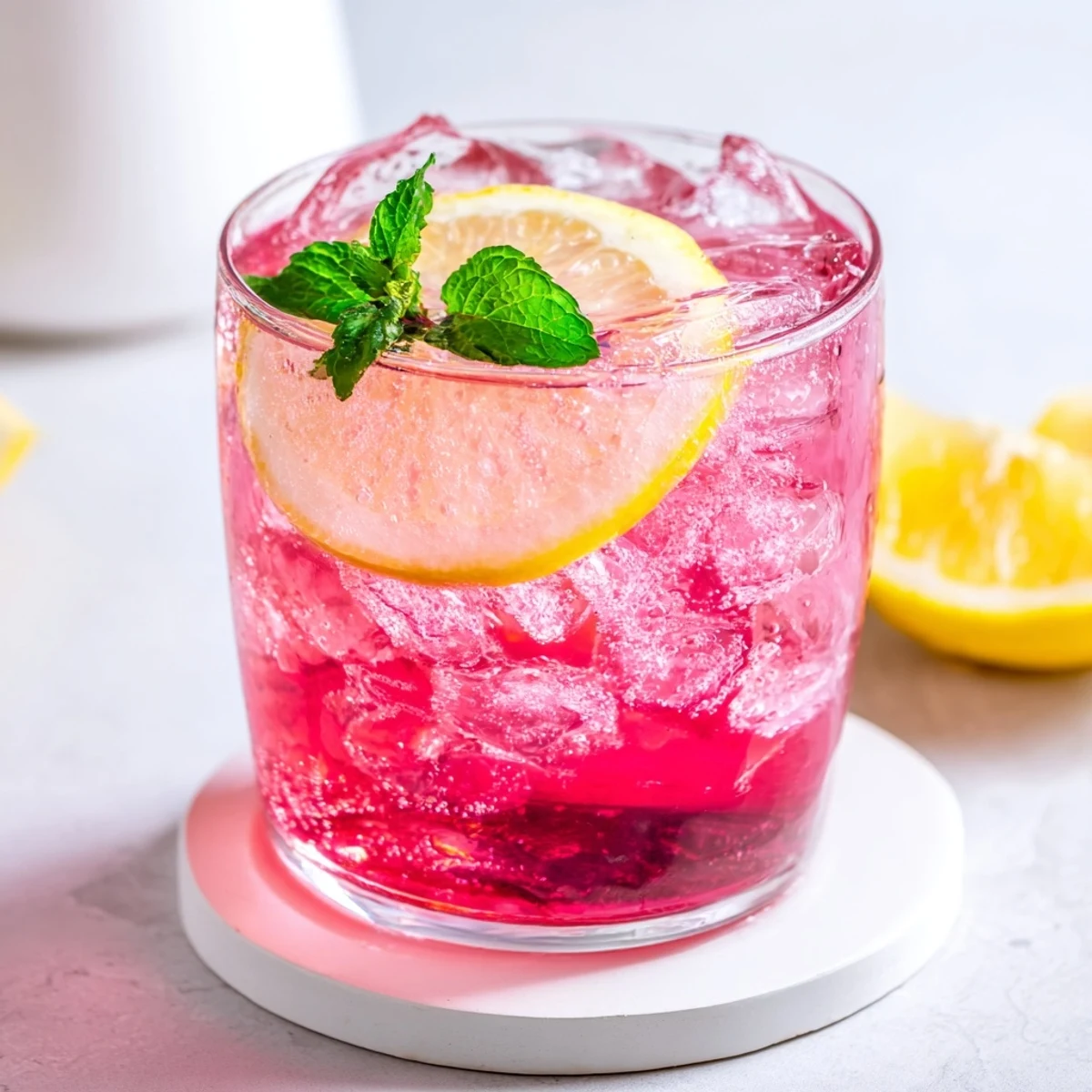 Effervescent honey lemon pink soda cooling on a warm day with mint garnish.