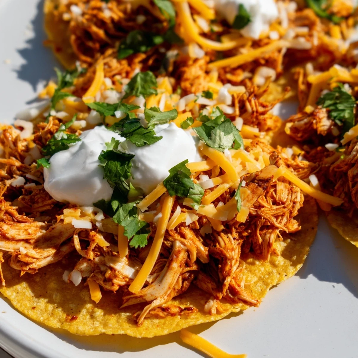 Crispy Chicken Tostadas topped with seasoned meat, cheese, and fresh vegetables.  