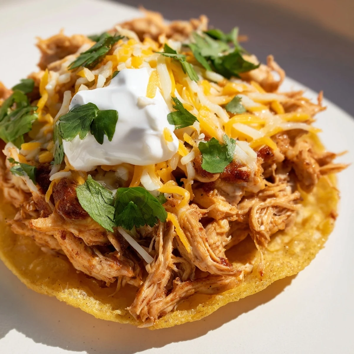 Homemade Chicken Tostadas loaded with juicy chicken, refried beans, and guacamole.  
