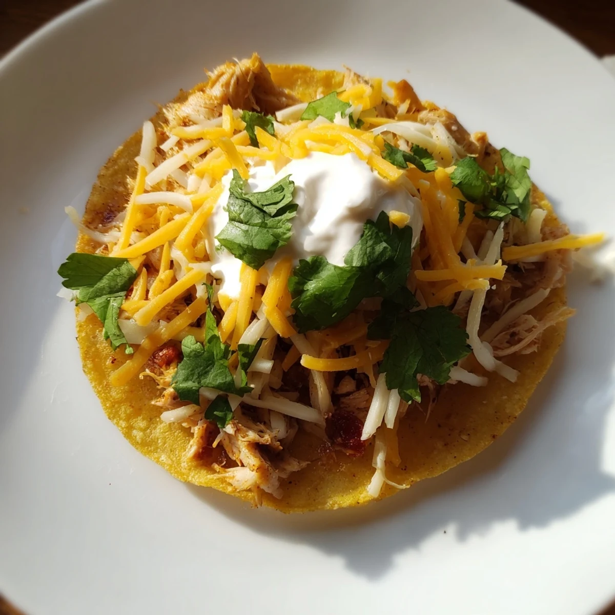 Golden Chicken Tostadas garnished with lettuce, tomatoes, and creamy sour cream.