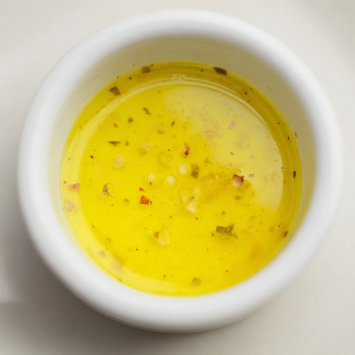 Bright yellow Lemon Vinaigrette Dressing Recipe in a bowl with a whisk and lemon slices.  