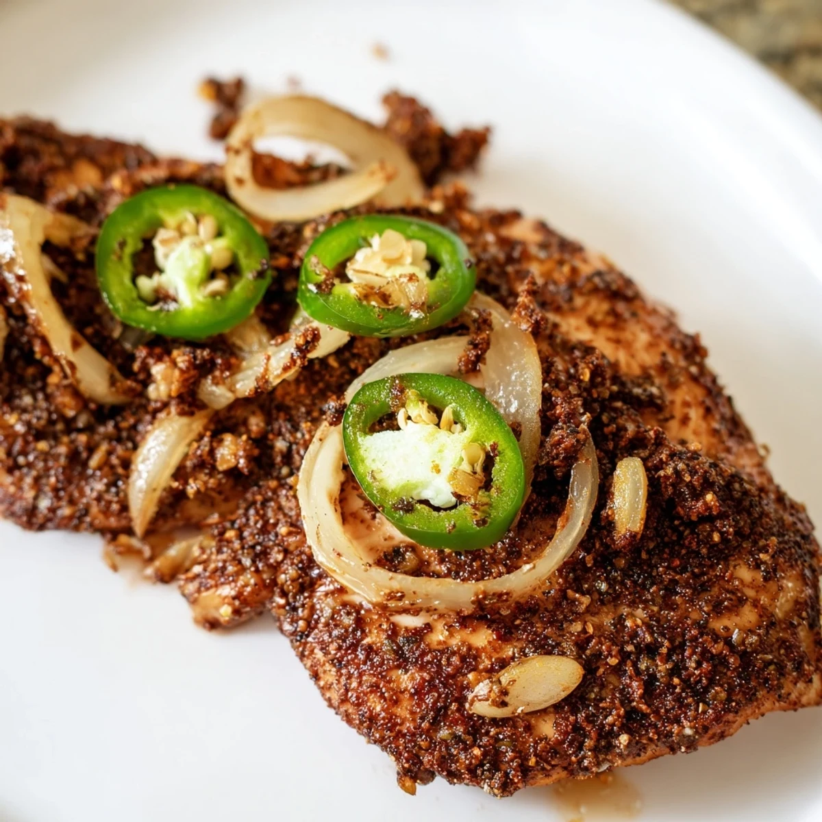Golden spicy jalapeno chicken with sliced peppers and fresh cilantro garnish.  