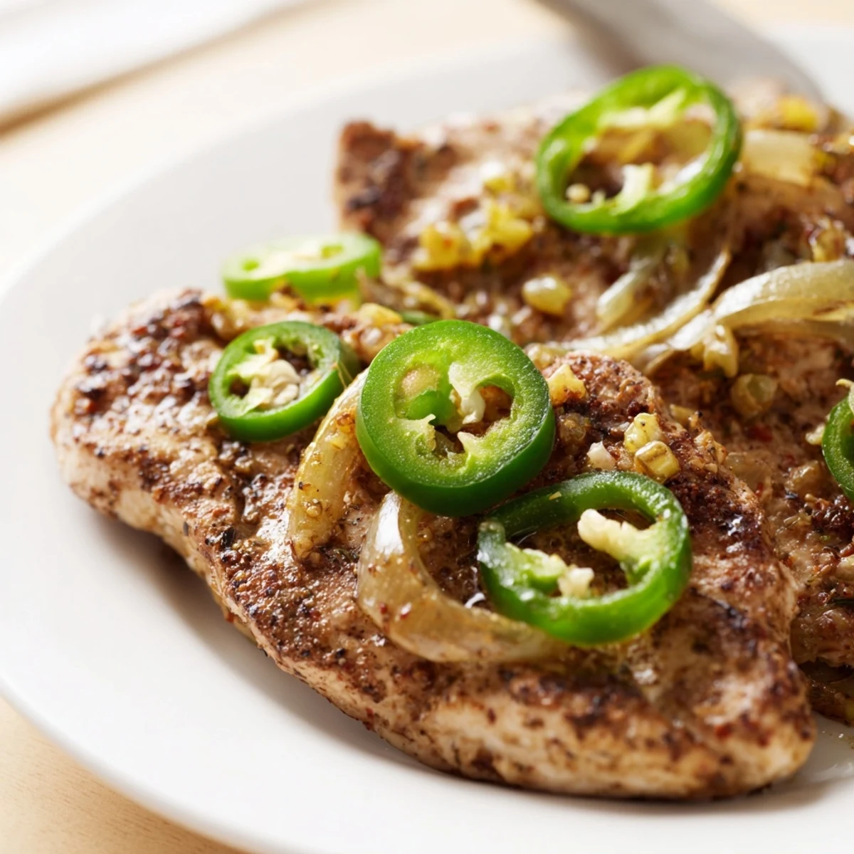 Sizzling spicy jalapeno chicken served with lime wedges for a zesty dinner.