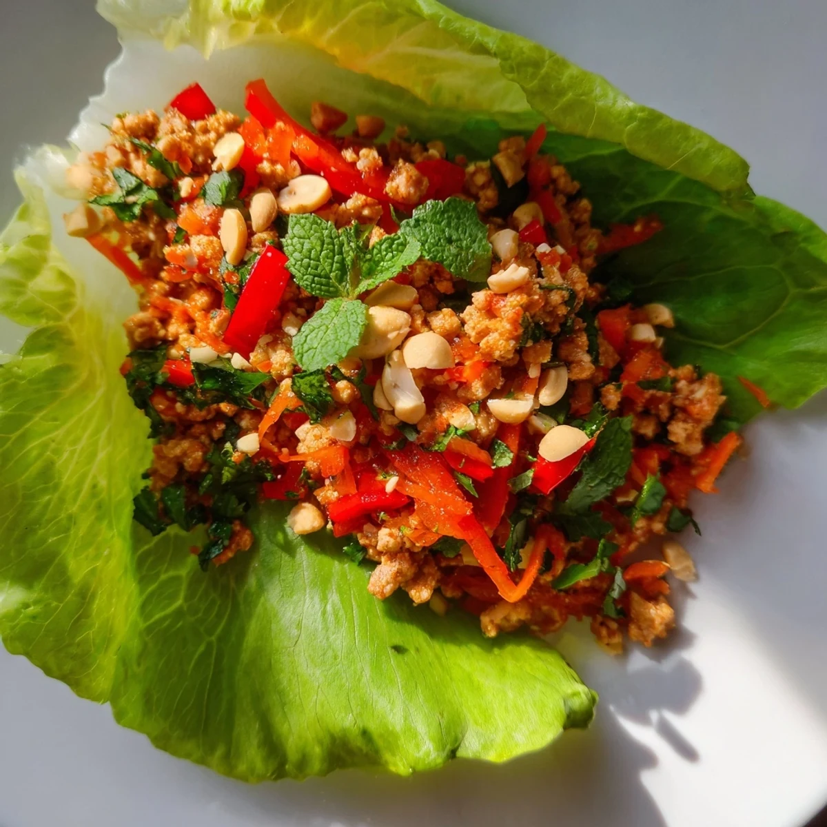 Fresh Thai chicken lettuce wraps filled with savory ground meat and crisp vegetables  