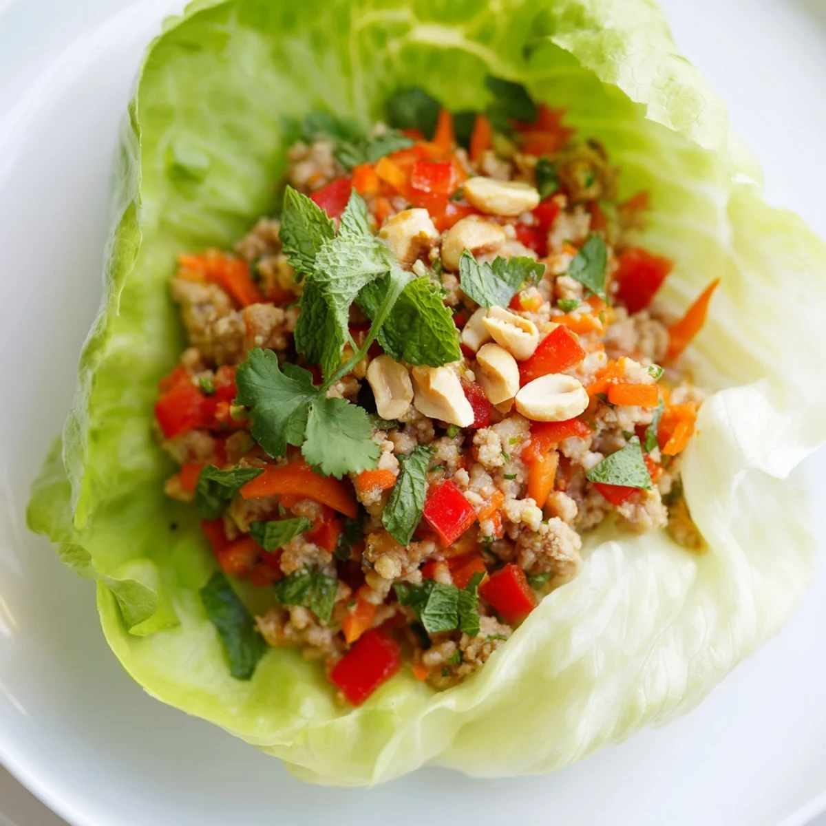 Vibrant Thai chicken lettuce wraps garnished with mint, cilantro, and crushed peanuts  