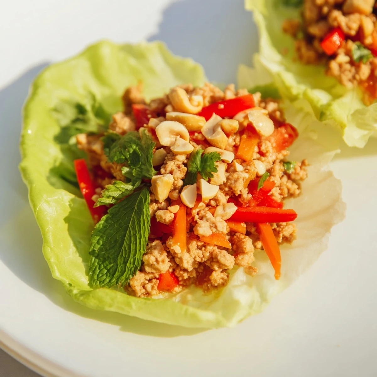 Healthy Thai chicken lettuce wraps served in cool butter leaves with lime wedges