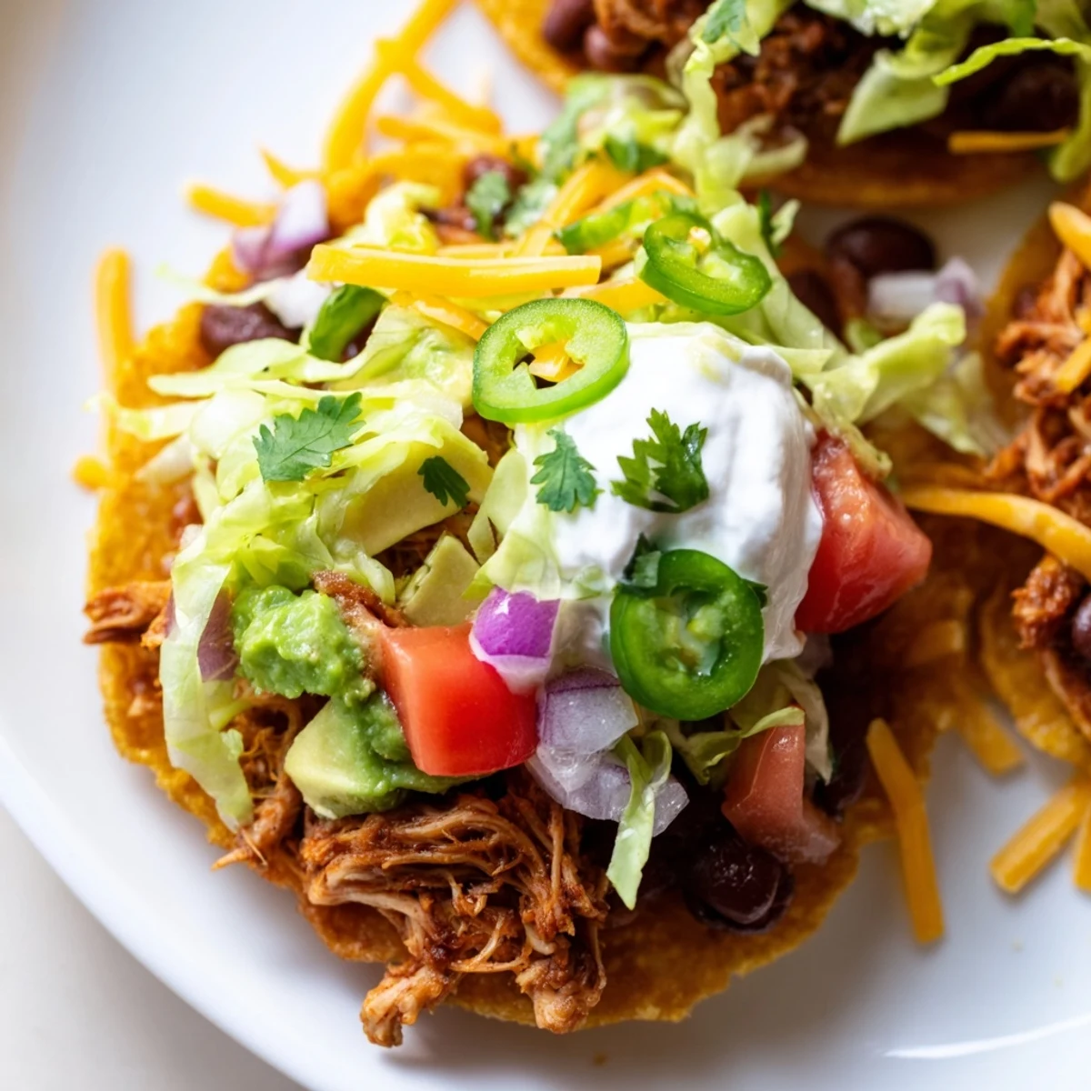 Crispy corn tortillas piled with seasoned chicken and colorful Mexican toppings  