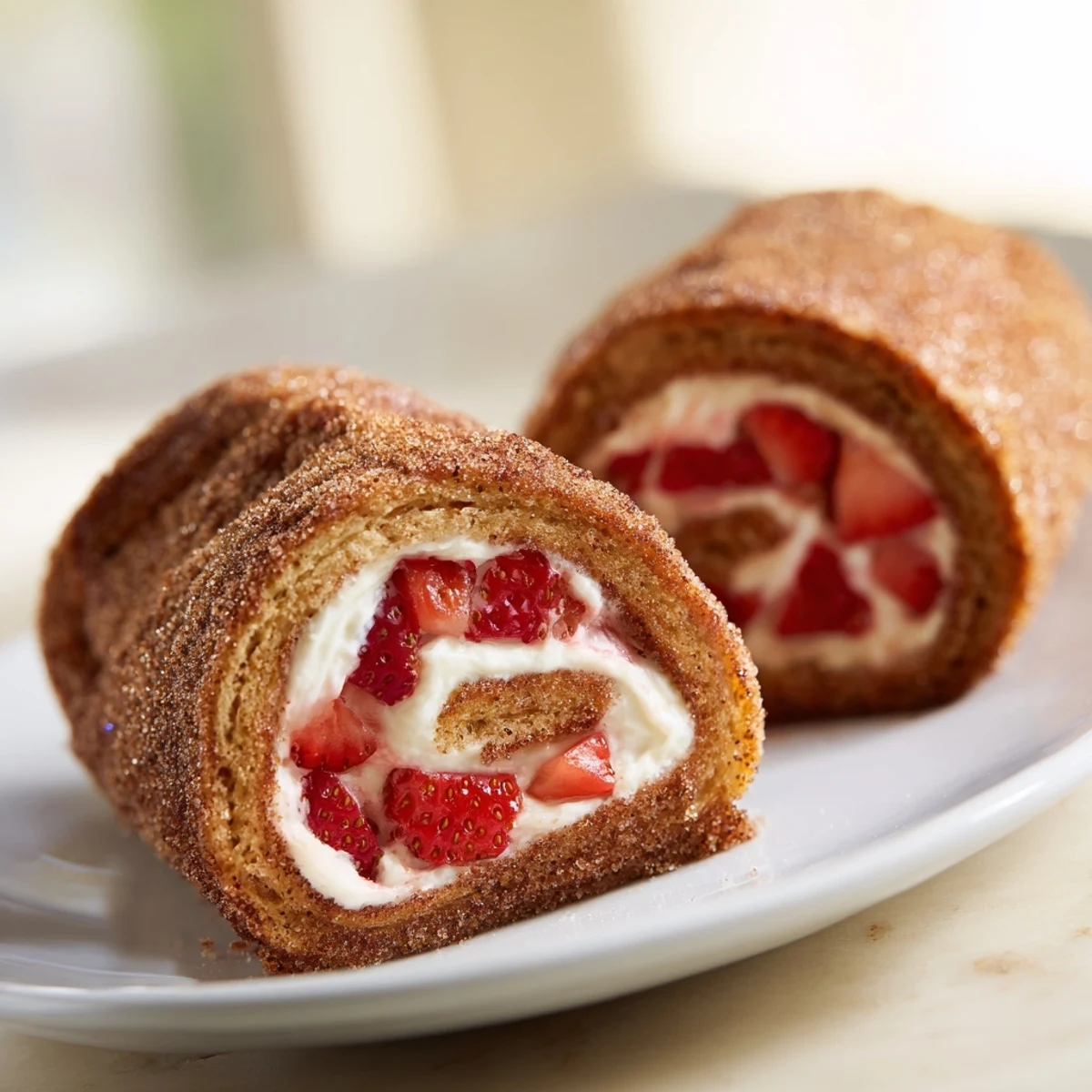 Warm strawberry cream cheese roll ups sliced to reveal fruity cream filling.  