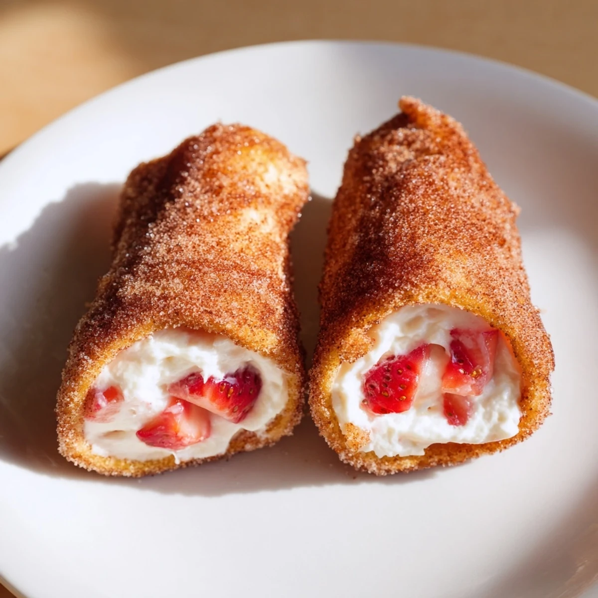 Golden toasted strawberry cream cheese roll ups sprinkled with cinnamon sugar.  
