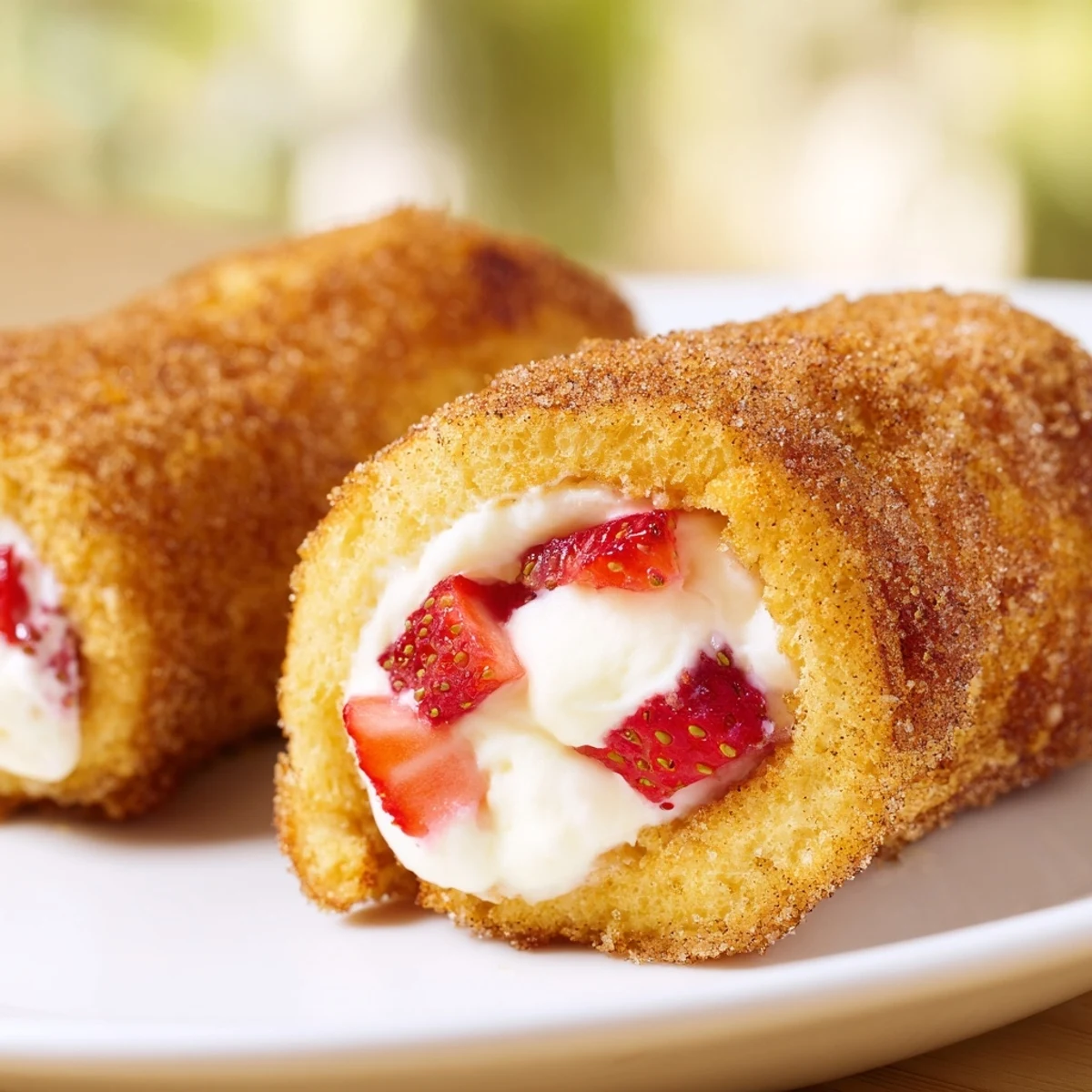 Crispy skillet-cooked strawberry cream cheese roll ups dusted with sweet cinnamon sugar.