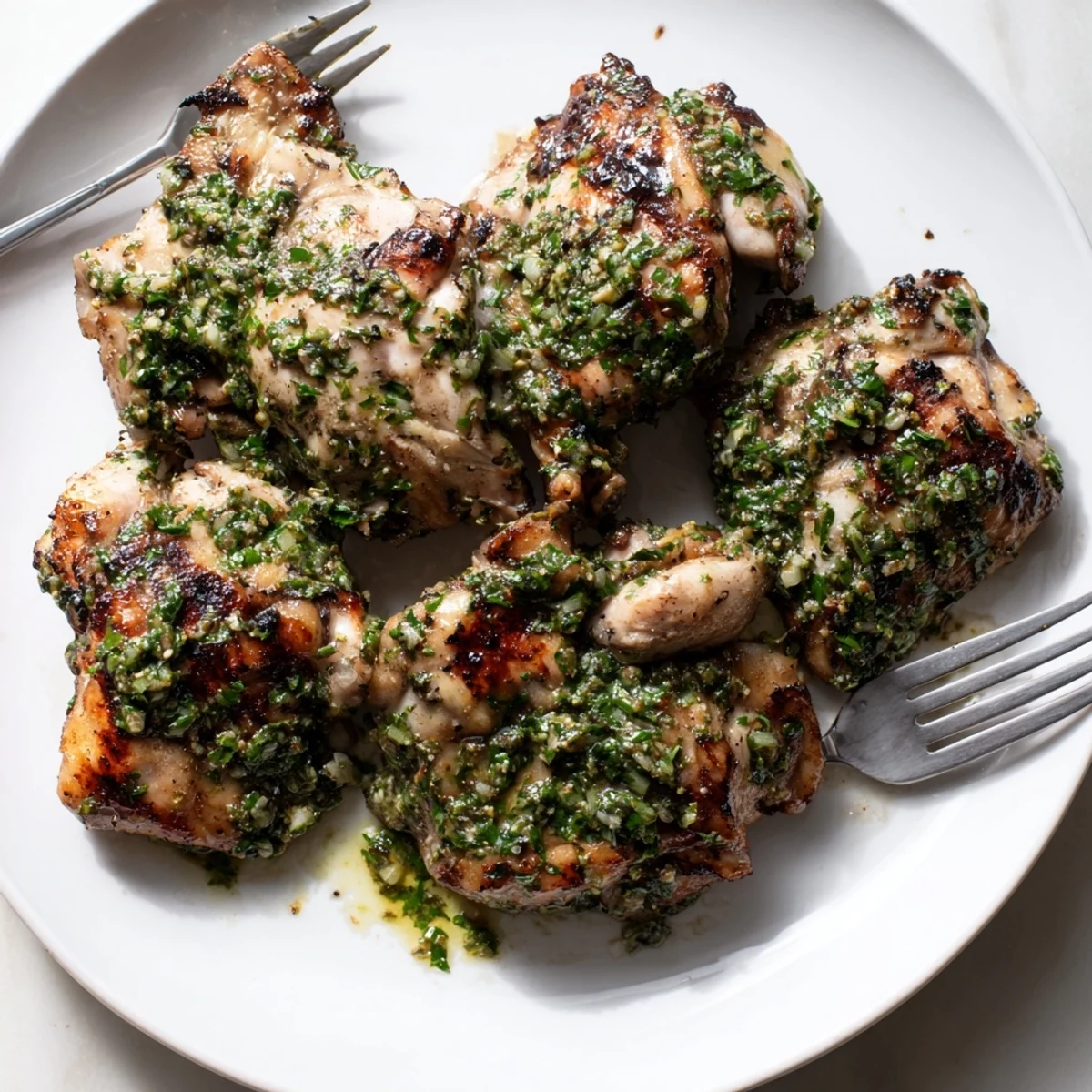 Golden grilled Chimichurri Chicken Thighs drizzled with vibrant green herb sauce  