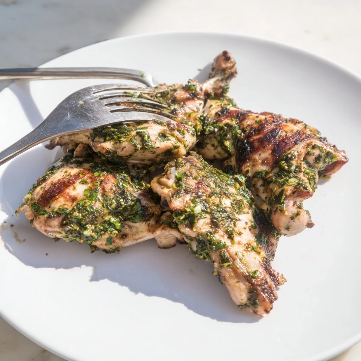 Savory Chimichurri Chicken Thighs resting on a platter with fresh parsley garnish  