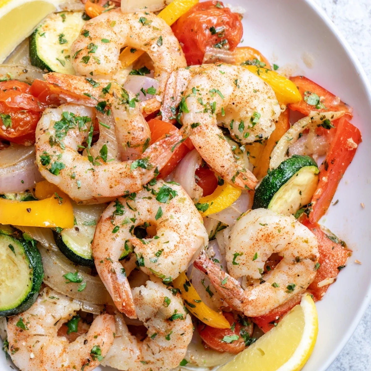 Golden Sheet Pan Garlic Butter Shrimp roasted with colorful vegetables on a metal tray.  