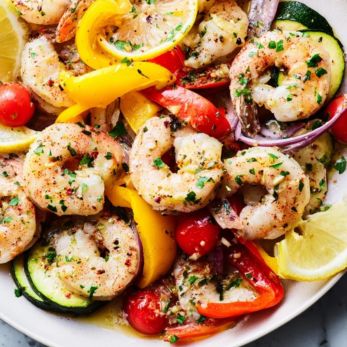 Delicious Sheet Pan Garlic Butter Shrimp served with fresh parsley and lemon wedges.
