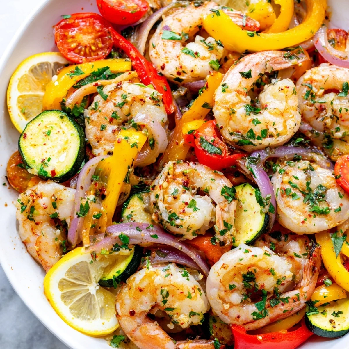 Juicy garlic butter shrimp and sliced veggies sizzling on a large baking sheet.  