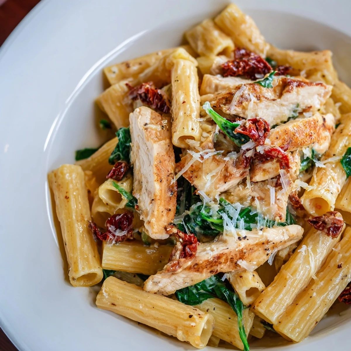 Creamy Tuscan chicken pasta with spinach and sun-dried tomatoes in a rich sauce.  