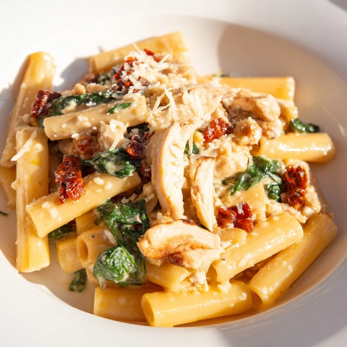 Golden chicken pieces mixed with penne in a savory one-pan Tuscan pasta dish.  