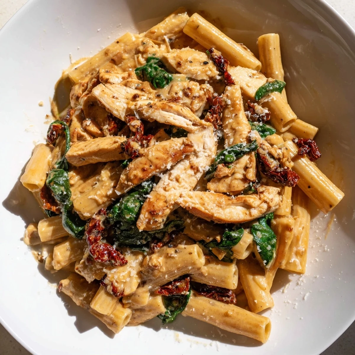 Hearty Tuscan chicken pasta with wilted spinach and a cheesy garlic cream sauce.