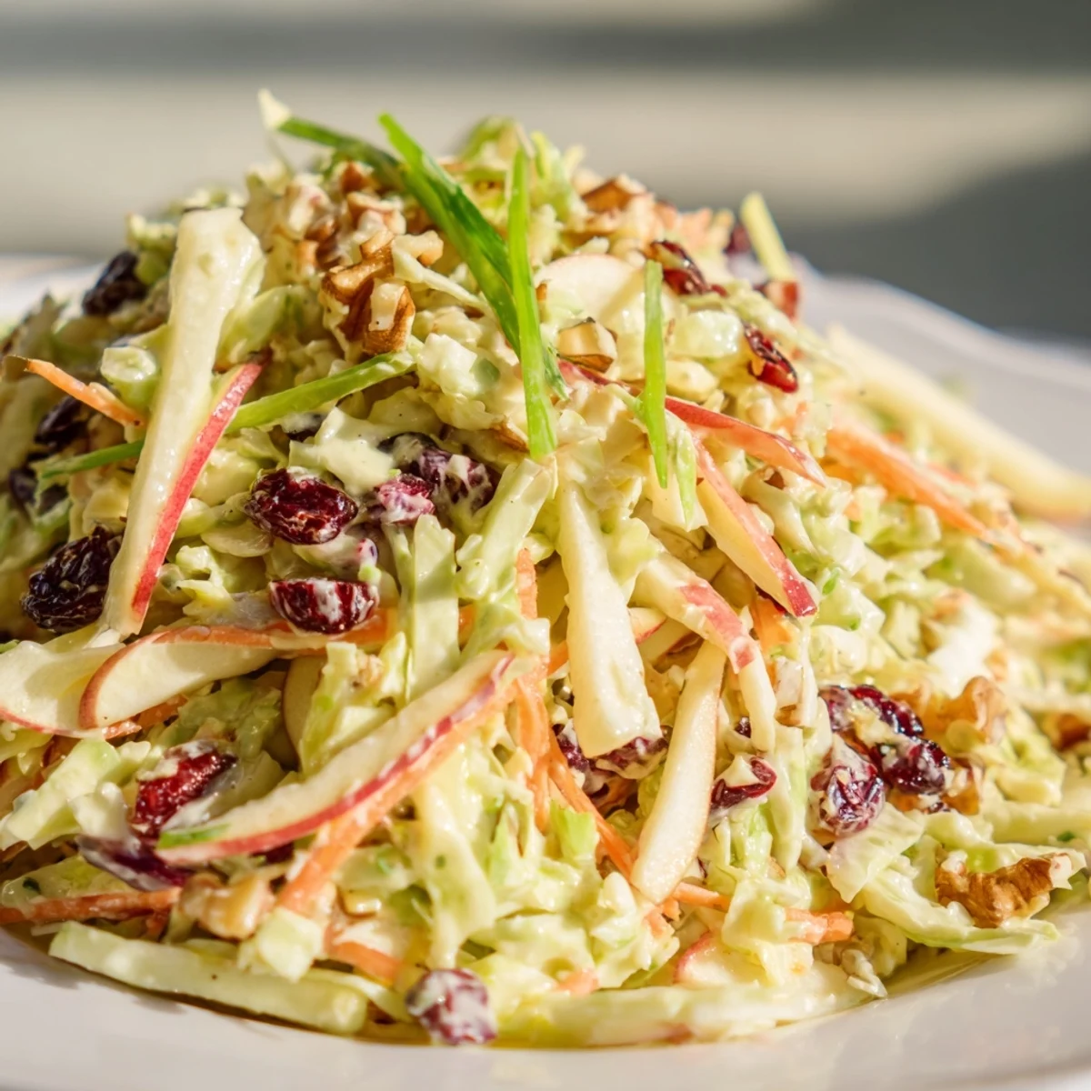 Fresh cranberry apple coleslaw with crisp cabbage and sweet apple slices served chilled.