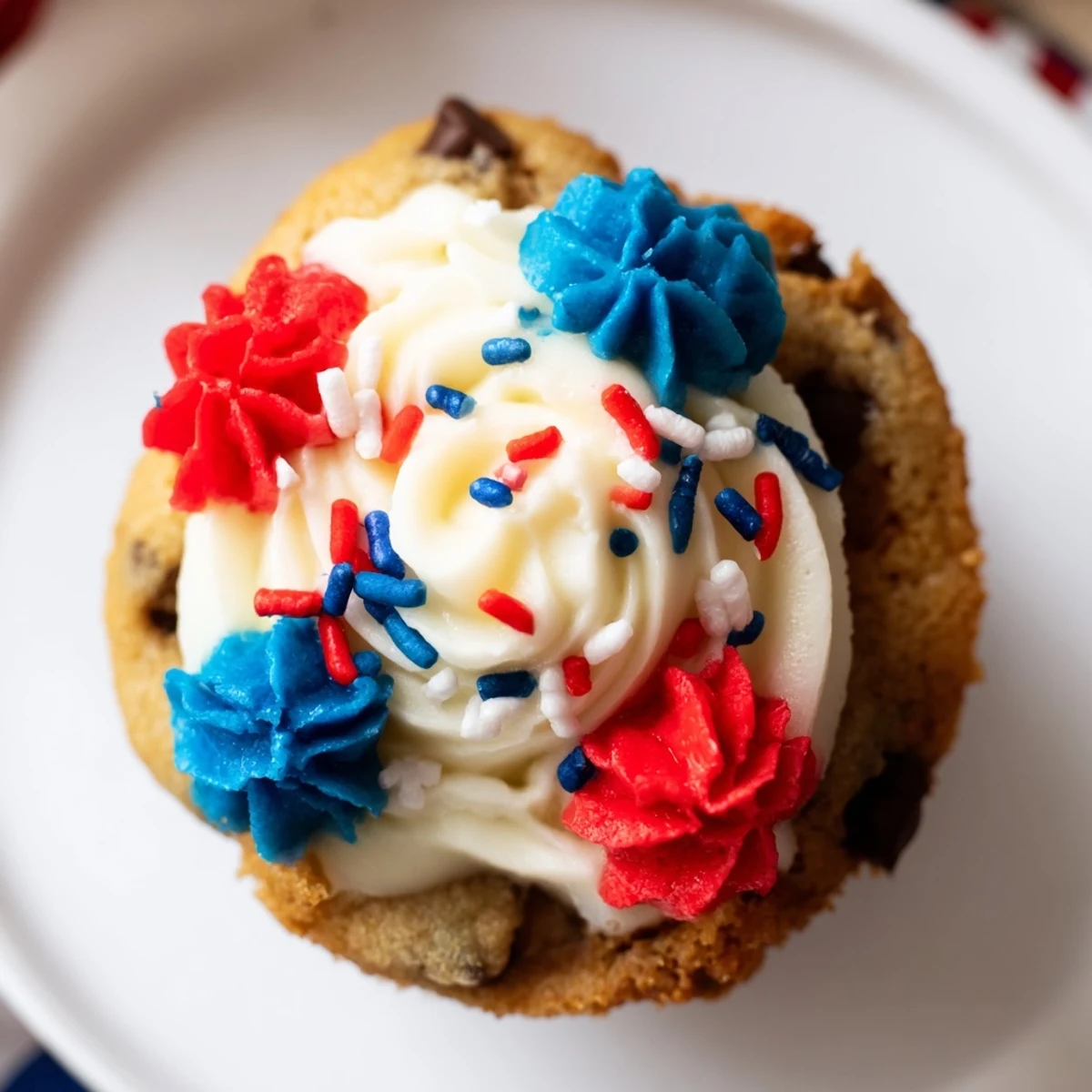 Golden Patriotic Chocolate Chip Cookie Cups topped with red, white, and blue frosting.