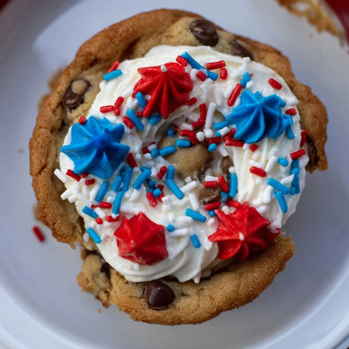 Bite-sized cookie cups filled with creamy frosting and colorful patriotic sprinkles.