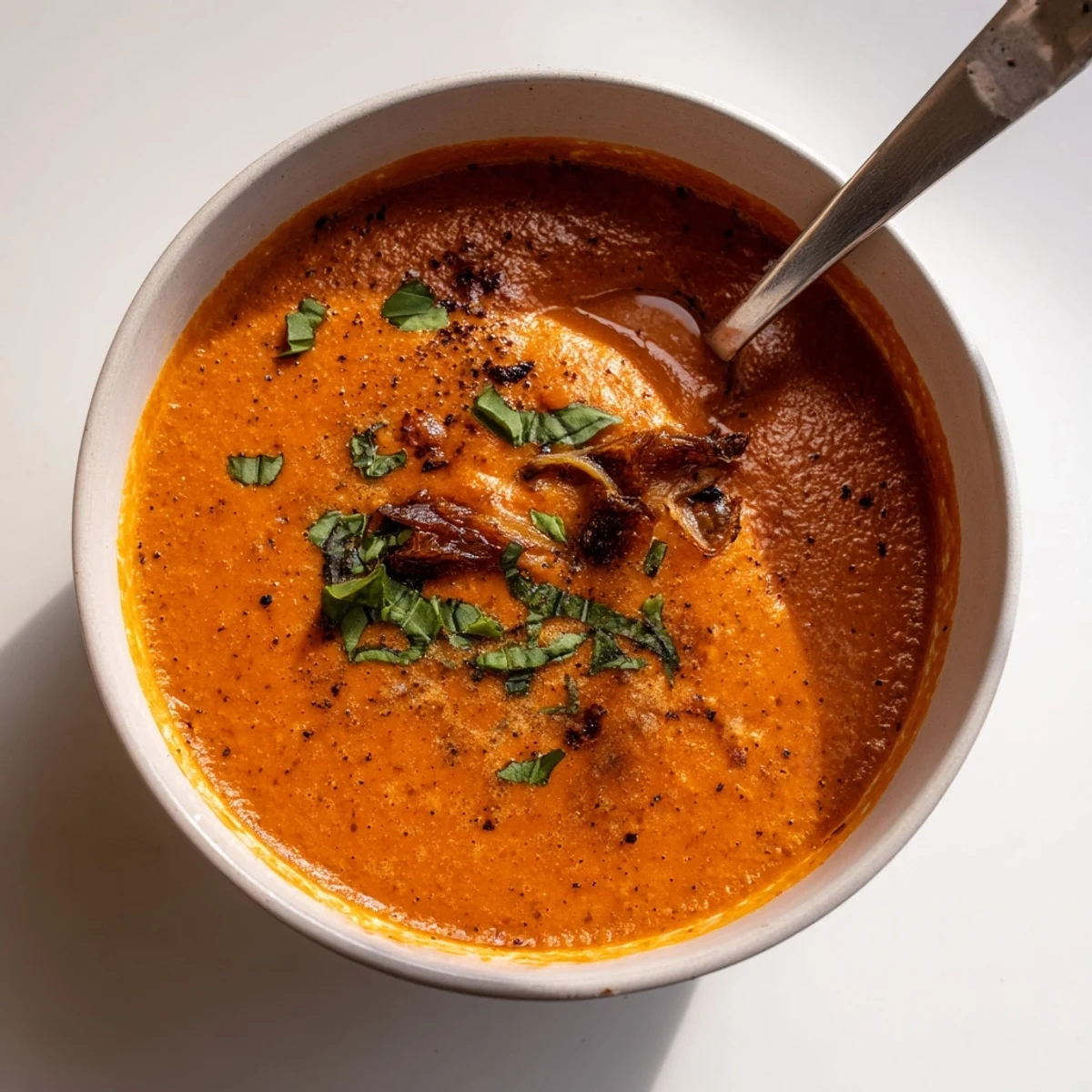 Bowl of creamy roasted tomato basil soup garnished with fresh basil.