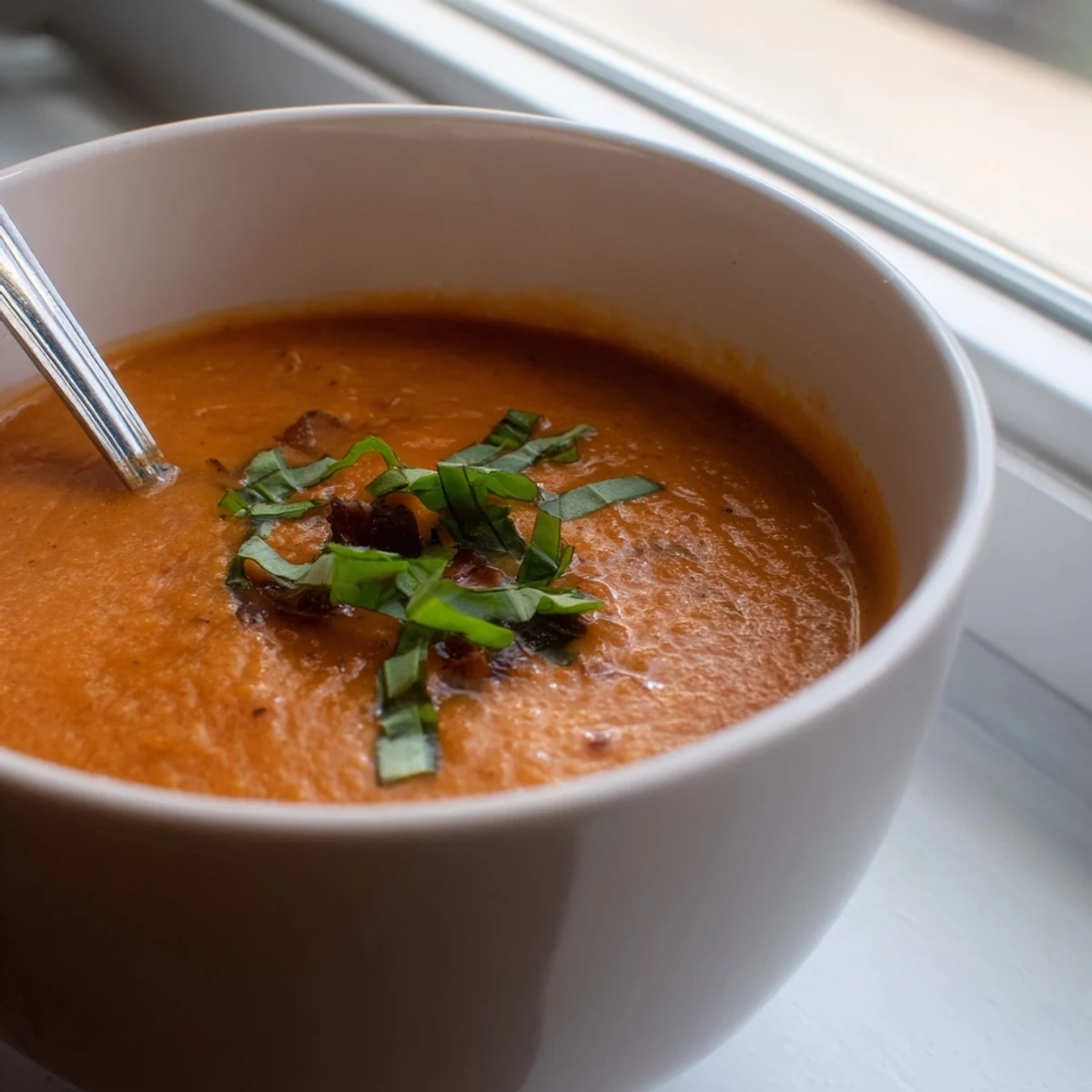 Velvety roasted tomato basil soup served with crusty bread on a wooden table.