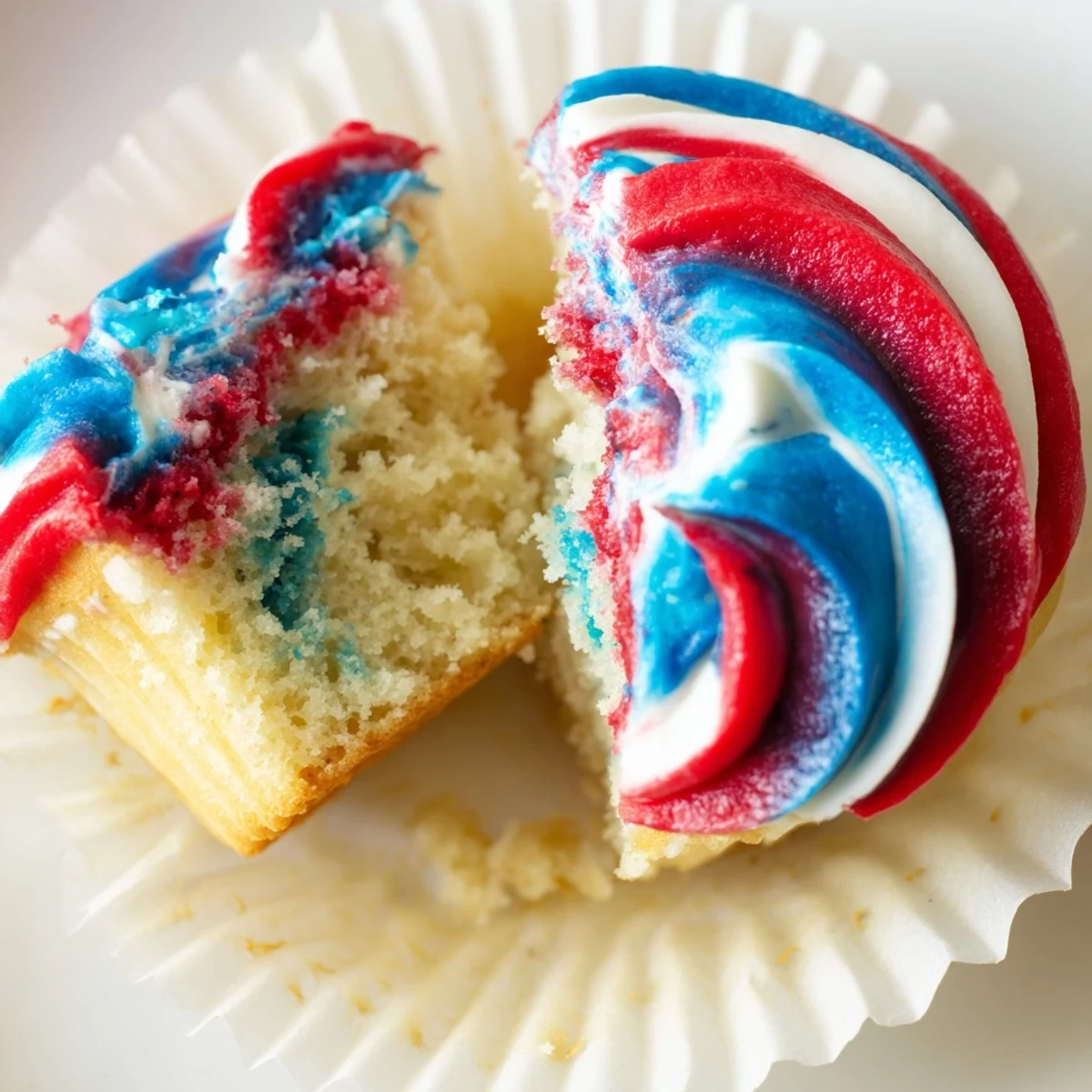 Festive July Tie Dye Cupcakes topped with swirled red, white, and blue buttercream.  