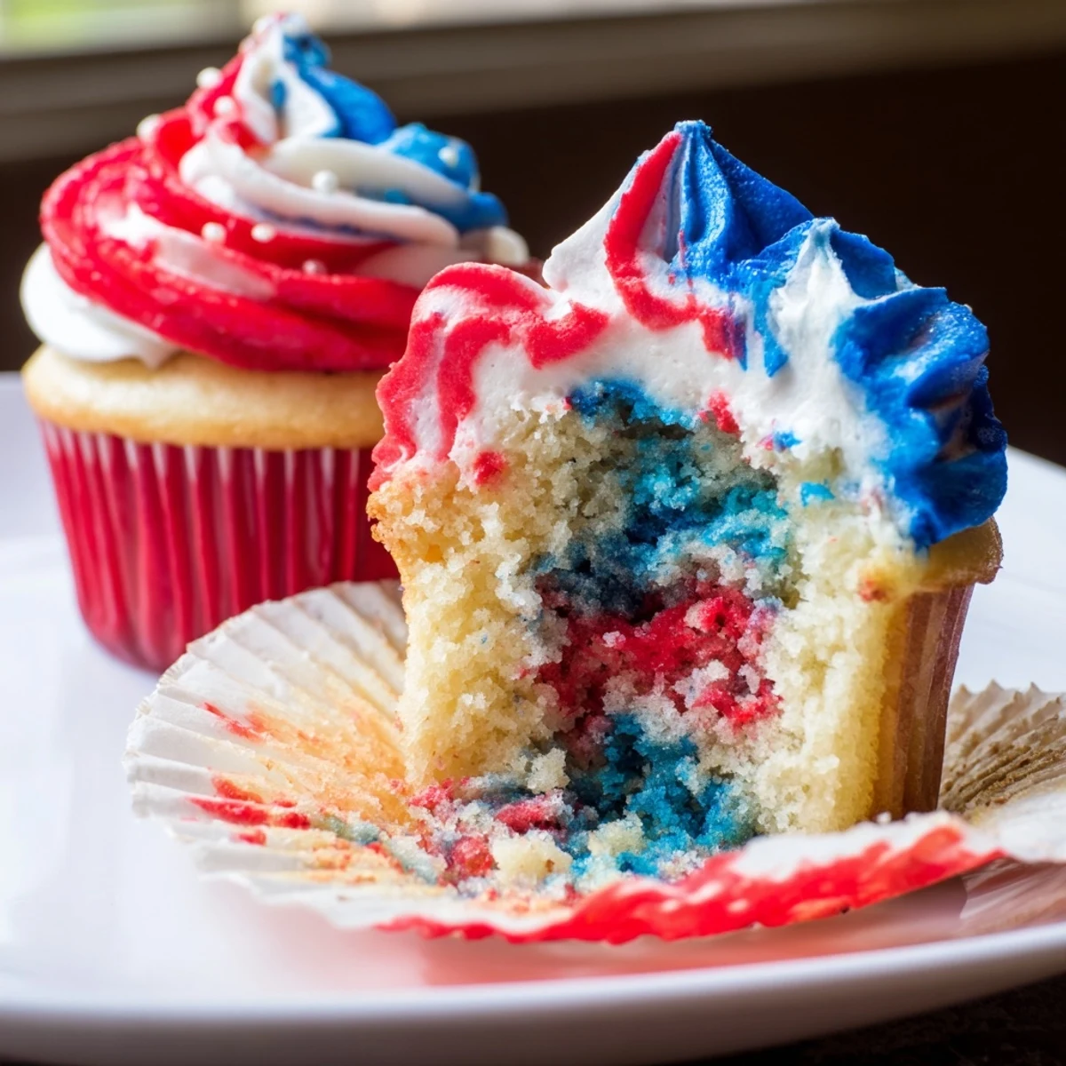 Colorful Fourth of July Tie Dye Cupcakes with vibrant vanilla cake and creamy frosting.  