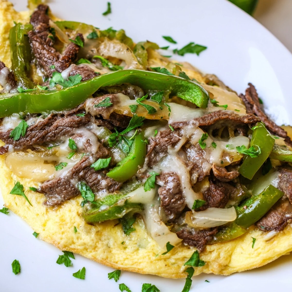 Fluffy omelette wrapped around savory steak, onions, and gooey provolone cheese.  