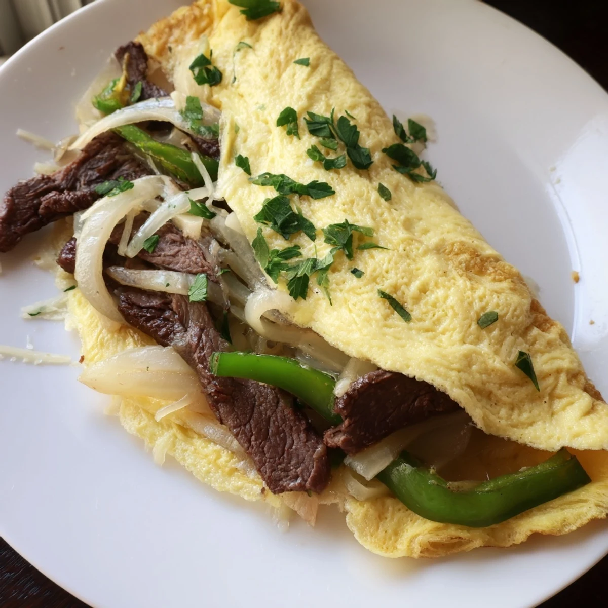 Golden Philly cheesesteak omelette filled with tender steak, peppers, and melted provolone.  