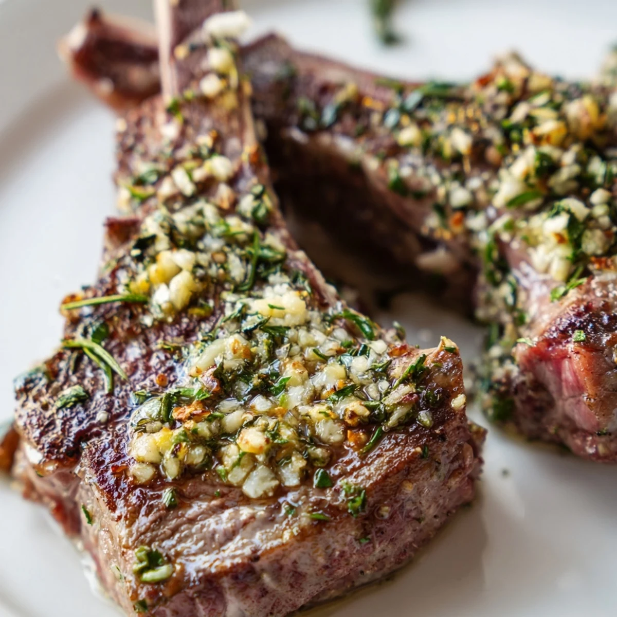 Golden herb garlic lamb chops seared to perfection with fresh herbs and lemon wedges.  