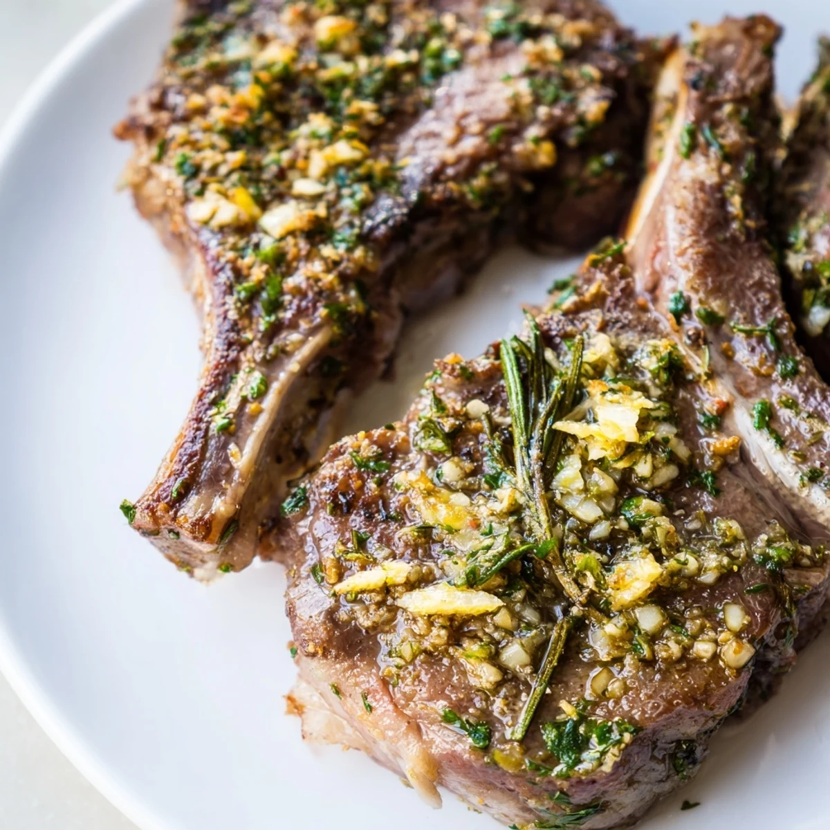 Juicy lamb chops pan-seared in garlic and rosemary marinade, ready for dinner.  