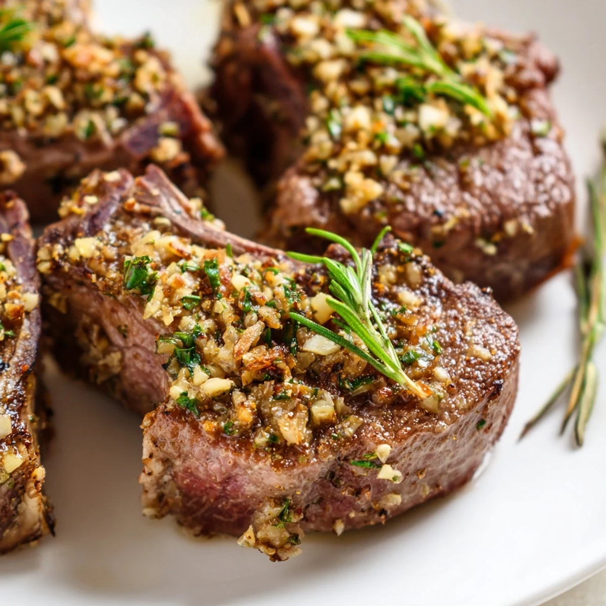 Perfectly cooked herb garlic lamb chops resting on a plate with zesty lemon garnish.