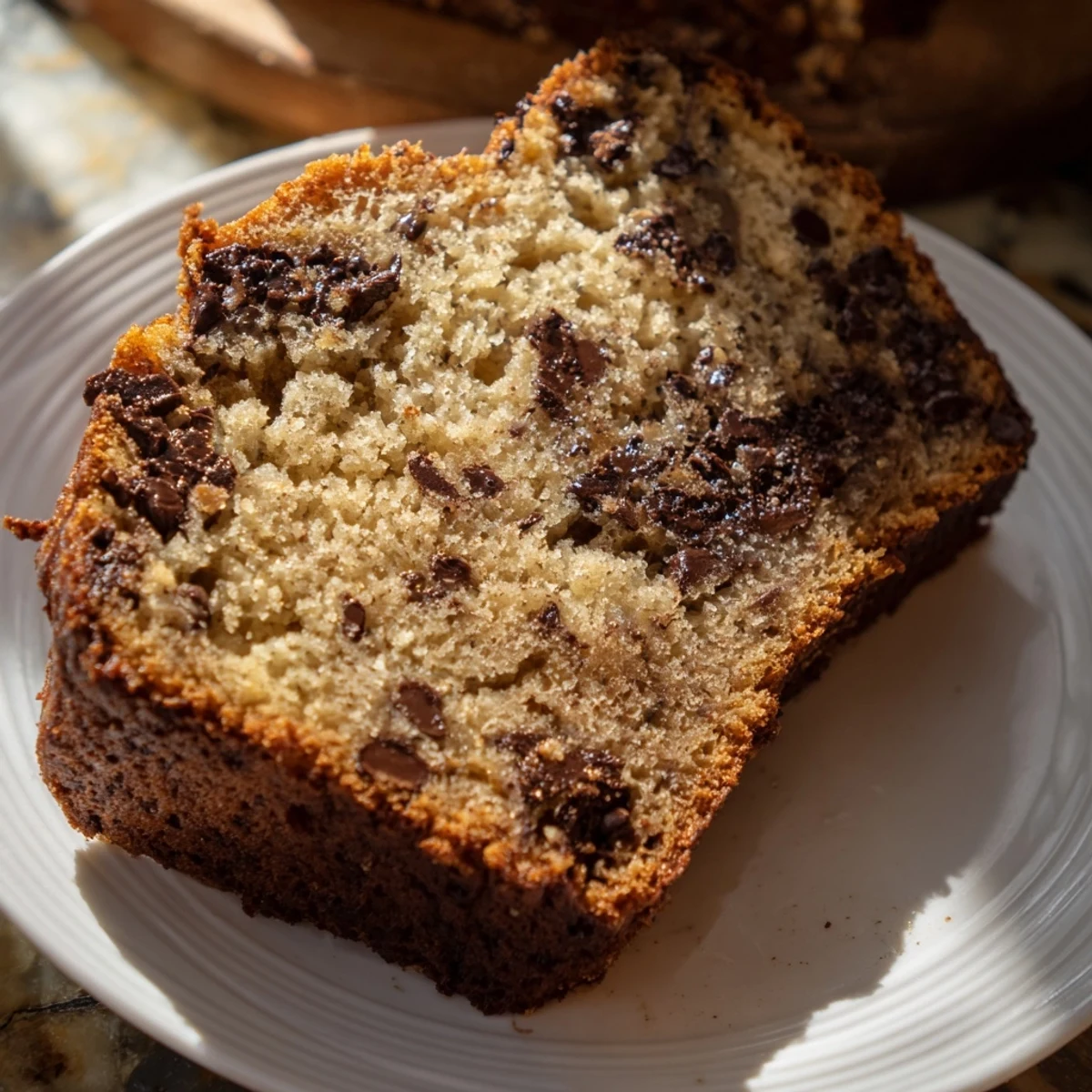 Golden slice of one bowl banana bread with chocolate chips on a plate  